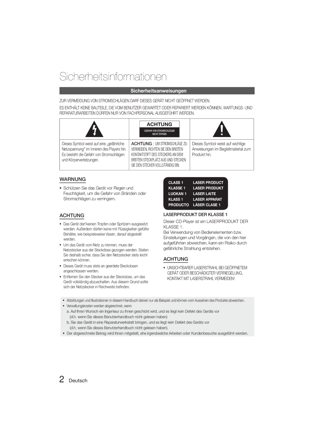 Samsung MM-D330D/XN, MM-D330D/EN manual Sicherheitsinformationen, Sicherheitsanweisungen, Deutsch 