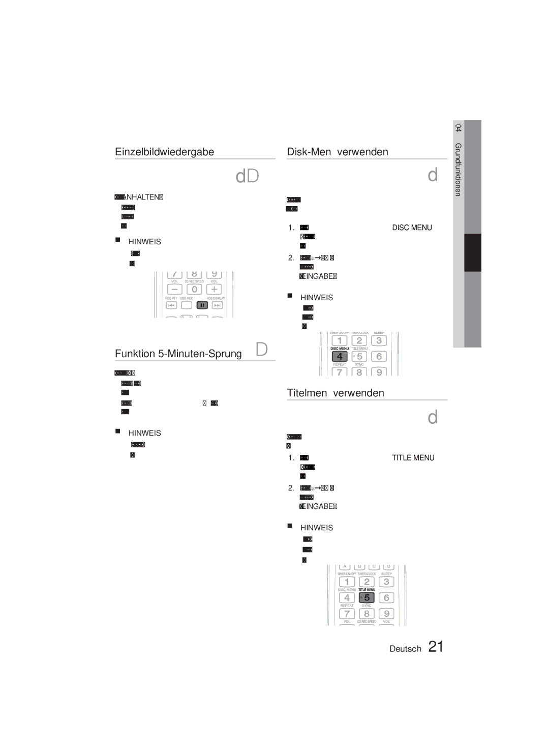 Samsung MM-D330D/EN manual Einzelbildwiedergabe, Disk-Menü verwenden, Funktion 5-Minuten-Sprung D, Titelmenü verwenden 