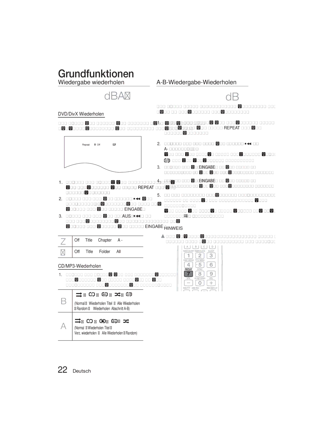 Samsung MM-D330D/XN, MM-D330D/EN Wiedergabe wiederholen, Wiedergabe-Wiederholen, DVD/DivX Wiederholen, CD/MP3-Wiederholen 