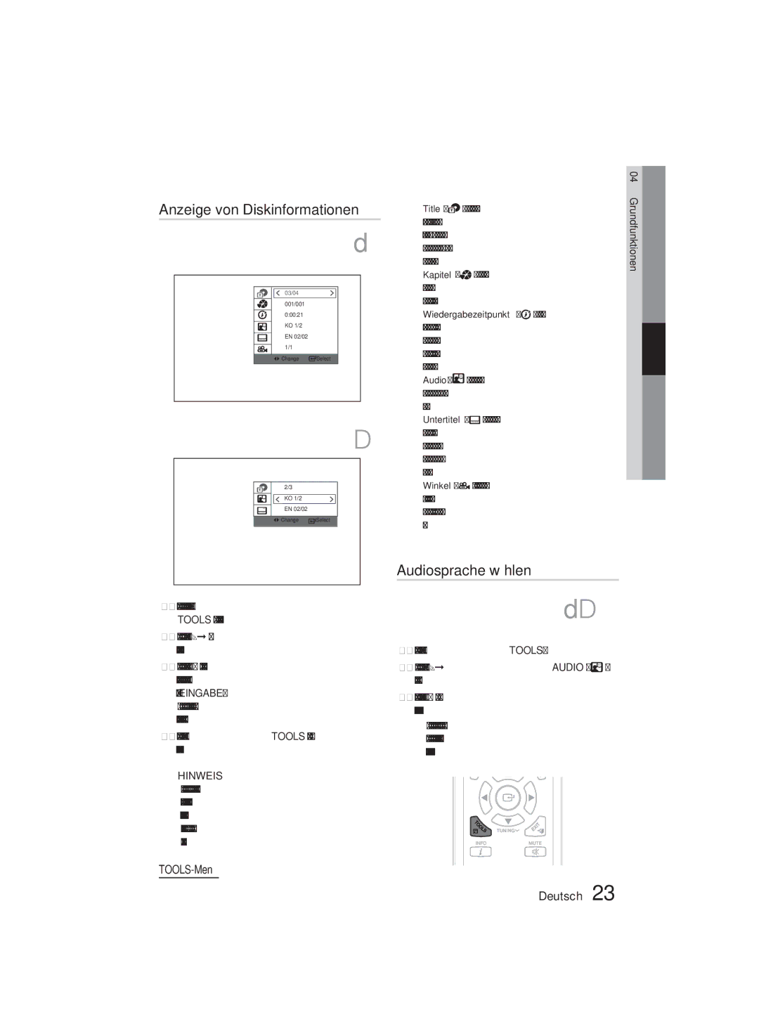 Samsung MM-D330D/EN, MM-D330D/XN manual Audiosprache wählen, TOOLS-Menü Deutsch 