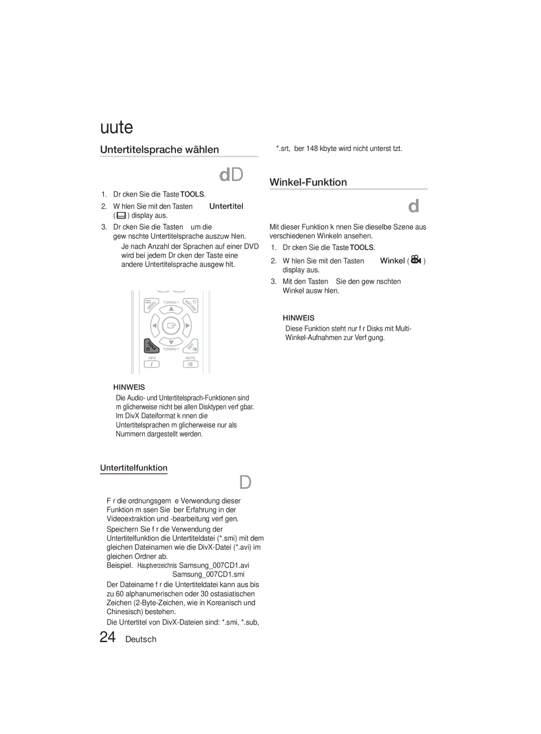 Samsung MM-D330D/XN, MM-D330D/EN manual Untertitelsprache wählen, Winkel-Funktion, Untertitelfunktion 