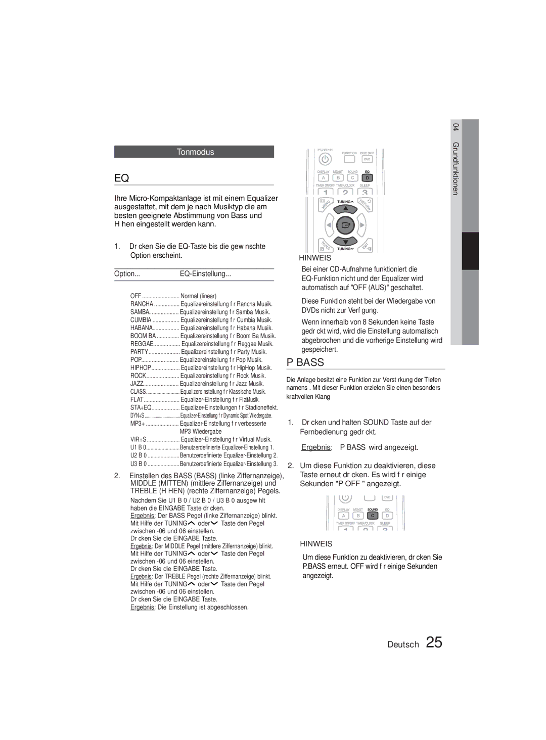 Samsung MM-D330D/EN, MM-D330D/XN manual Tonmodus, Option EQ-Einstellung, Normal linear, MP3 Wiedergabe 