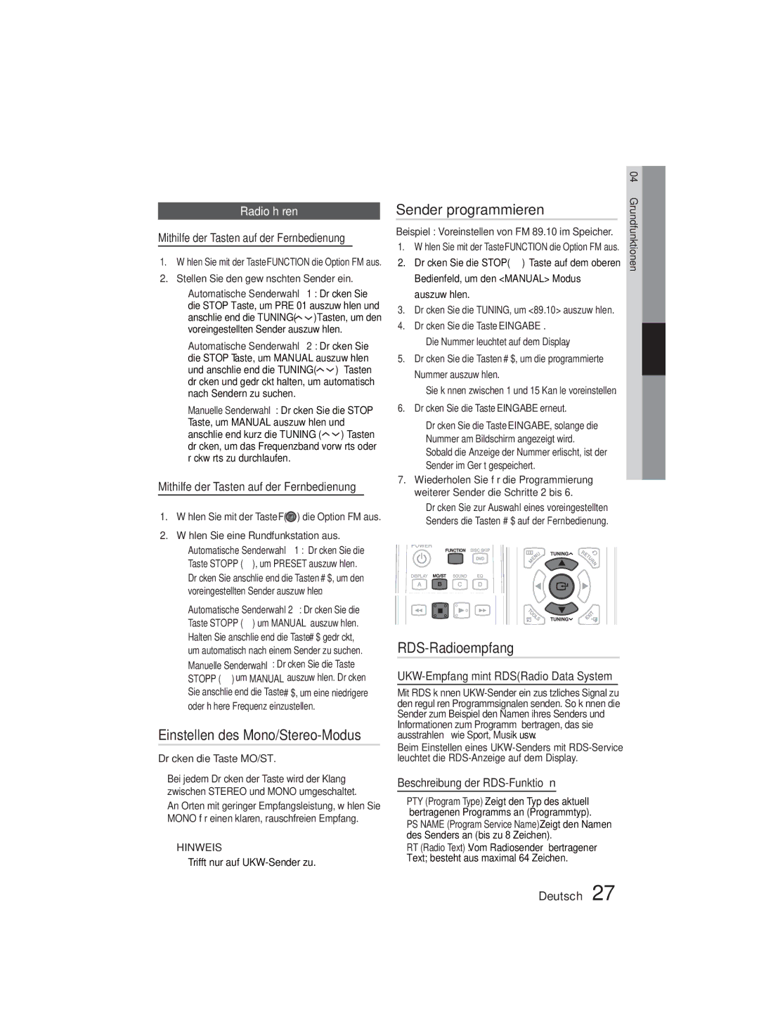 Samsung MM-D330D/EN, MM-D330D/XN Einstellen des Mono/Stereo-Modus, Sender programmieren, RDS-Radioempfang, Radio hören 