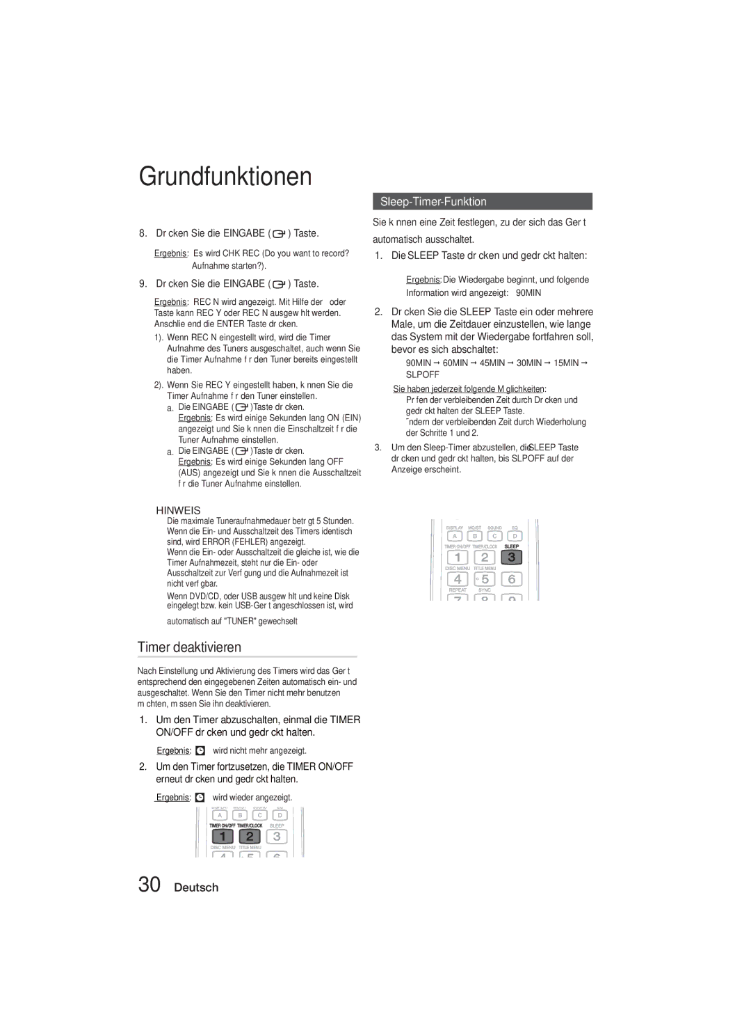 Samsung MM-D330D/XN, MM-D330D/EN manual Timer deaktivieren, Sleep-Timer-Funktion, Automatisch auf Tuner gewechselt 