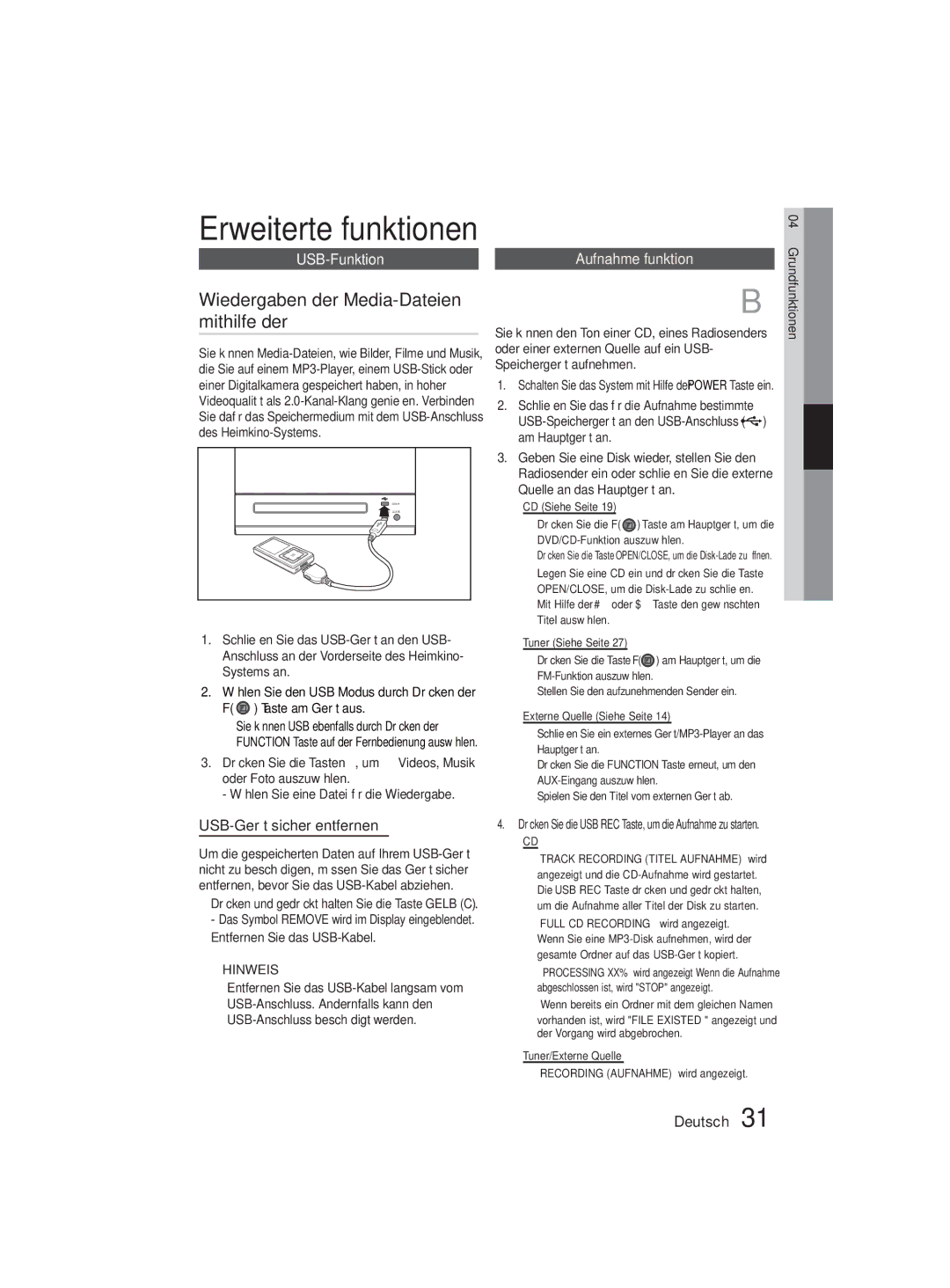 Samsung MM-D330D/EN, MM-D330D/XN manual Wiedergaben der Media-Dateien mithilfe der, USB-Funktion, USB-Gerät sicher entfernen 