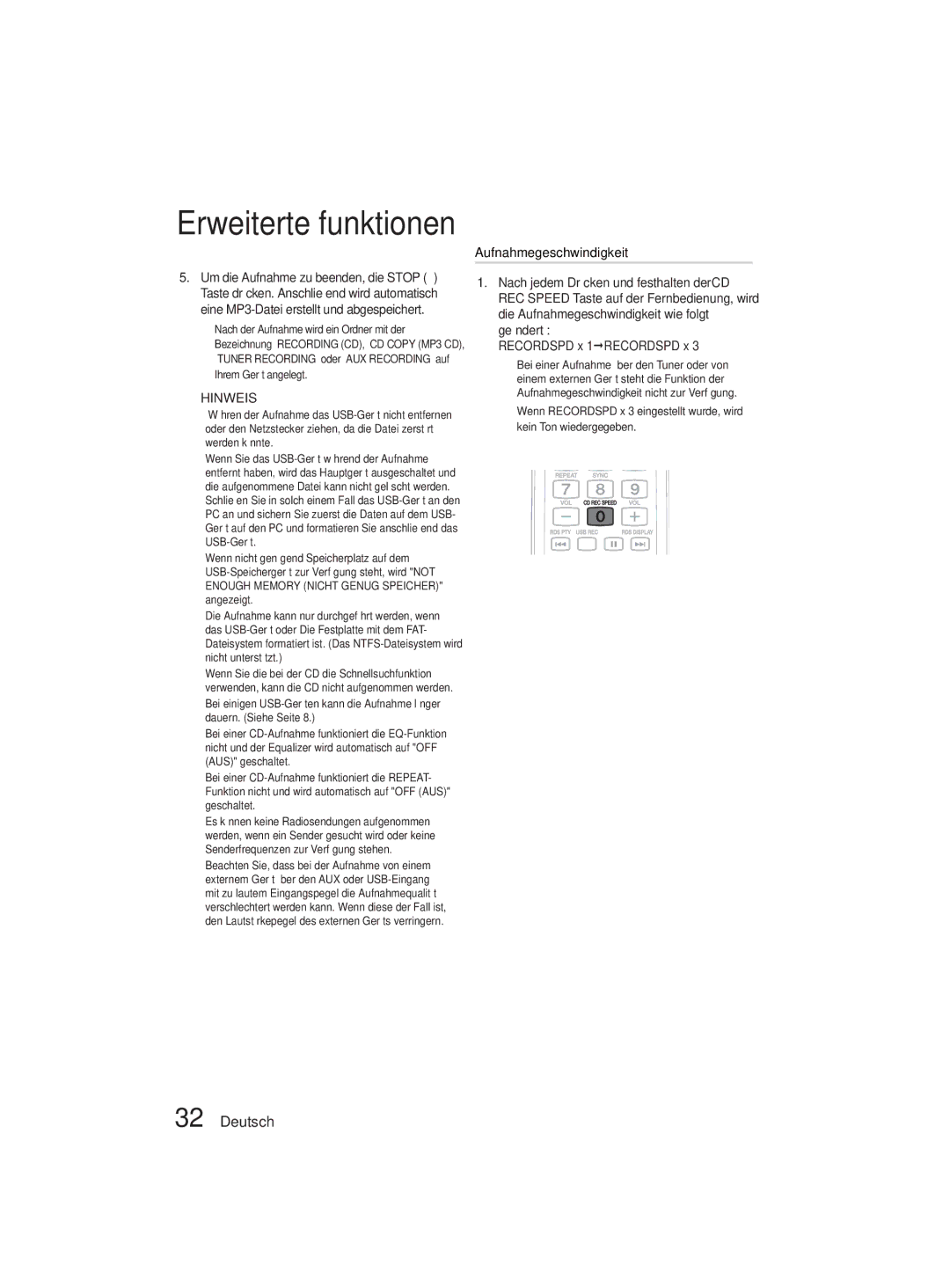 Samsung MM-D330D/XN, MM-D330D/EN manual Aufnahmegeschwindigkeit, Geändert Recordspd x 1ŠRECORDSPD x 