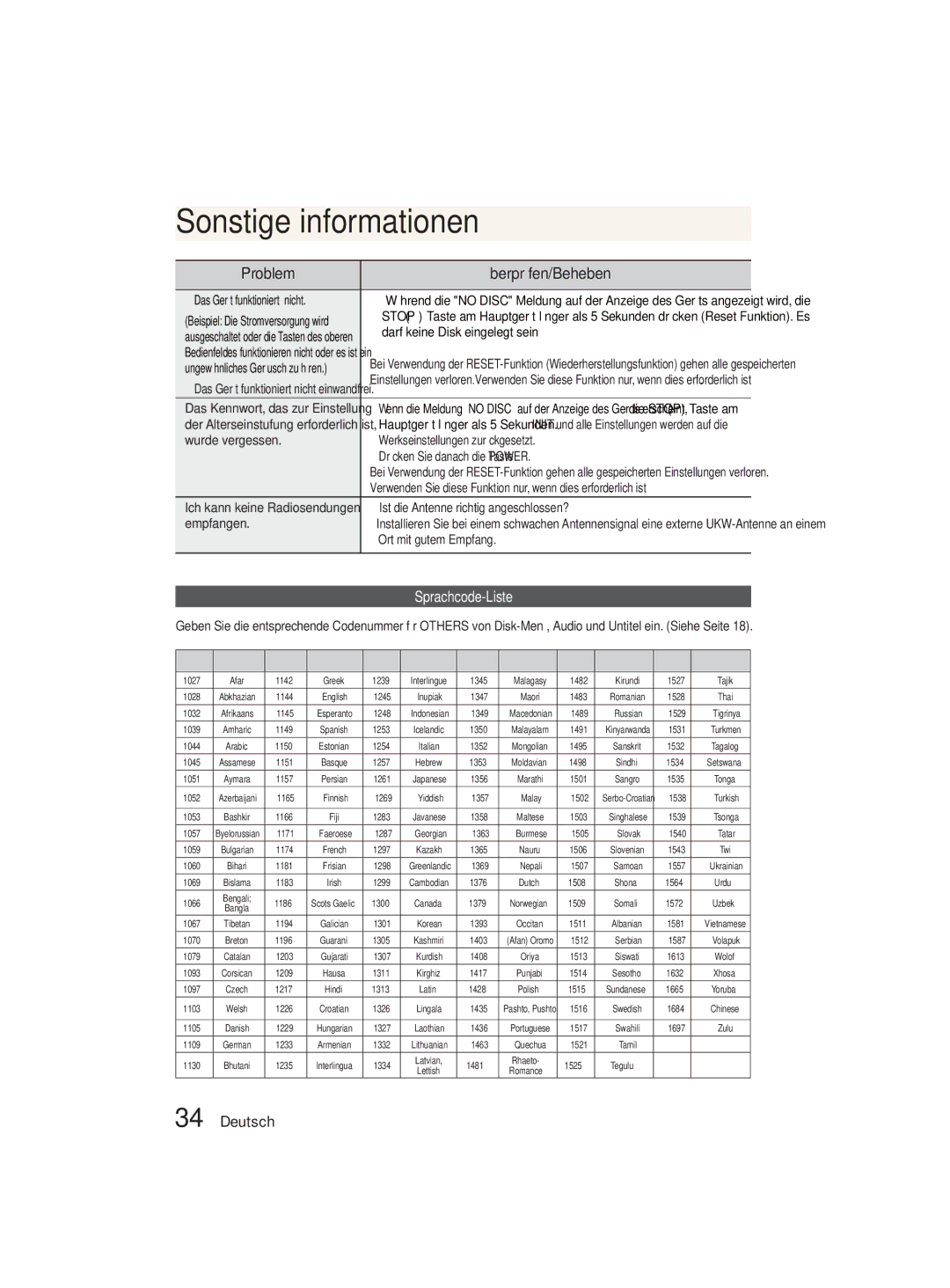 Samsung MM-D330D/XN, MM-D330D/EN Other Information, Sprachcode-Liste, Ist die Antenne richtig angeschlossen?, Empfangen 