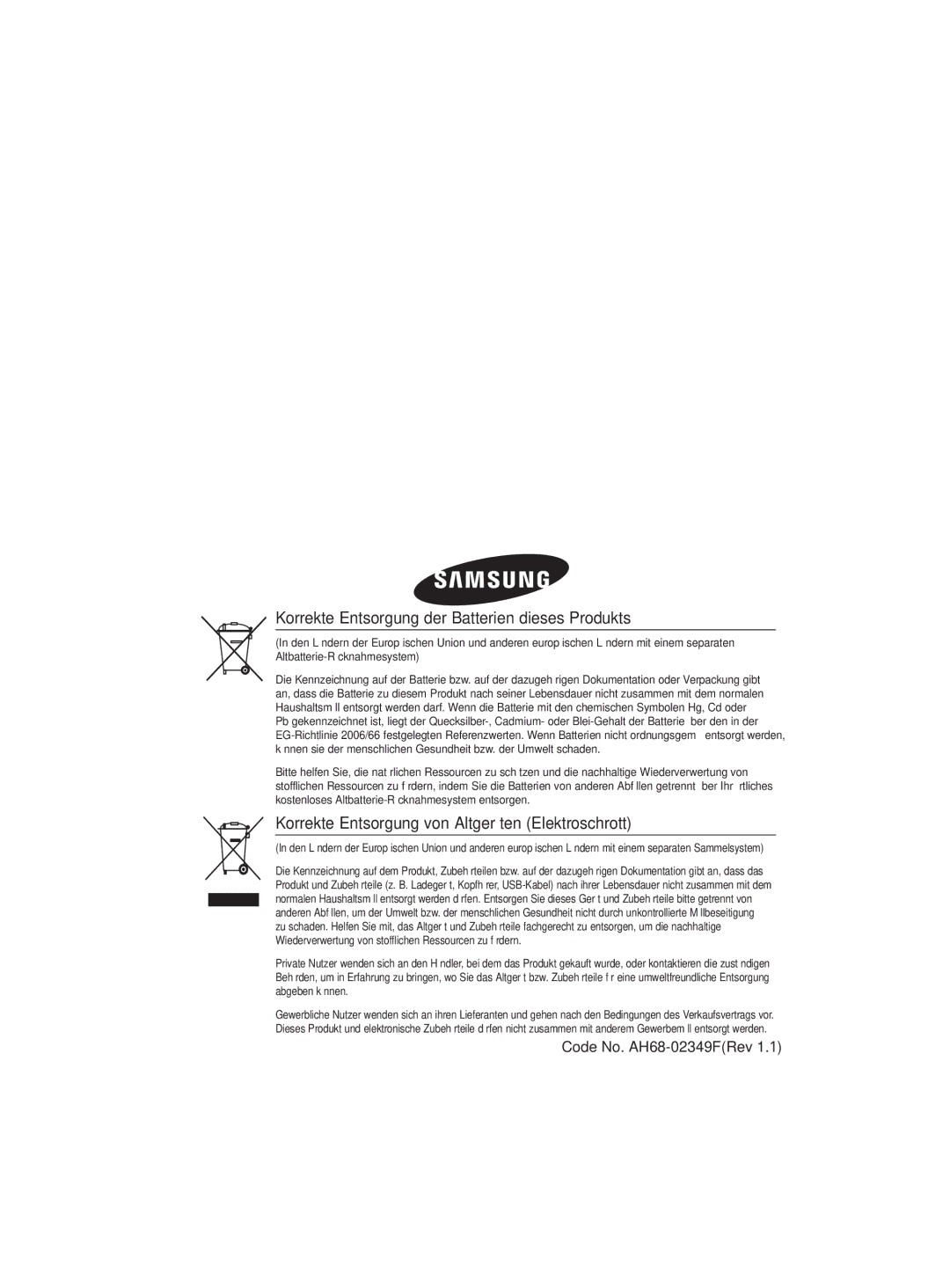 Samsung MM-D330D/EN, MM-D330D/XN manual Korrekte Entsorgung der Batterien dieses Produkts, Code No. AH68-02349FRev 