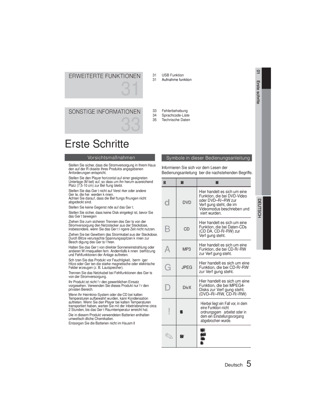 Samsung MM-D330D/EN, MM-D330D/XN manual Erste Schritte, Vorsichtsmaßnahmen, Symbole in dieser Bedienungsanleitung 