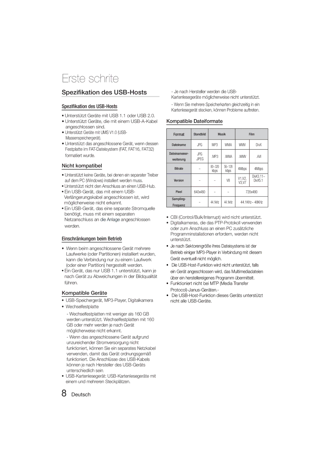 Samsung MM-D330D/XN, MM-D330D/EN manual Speziﬁkation des USB-Hosts 