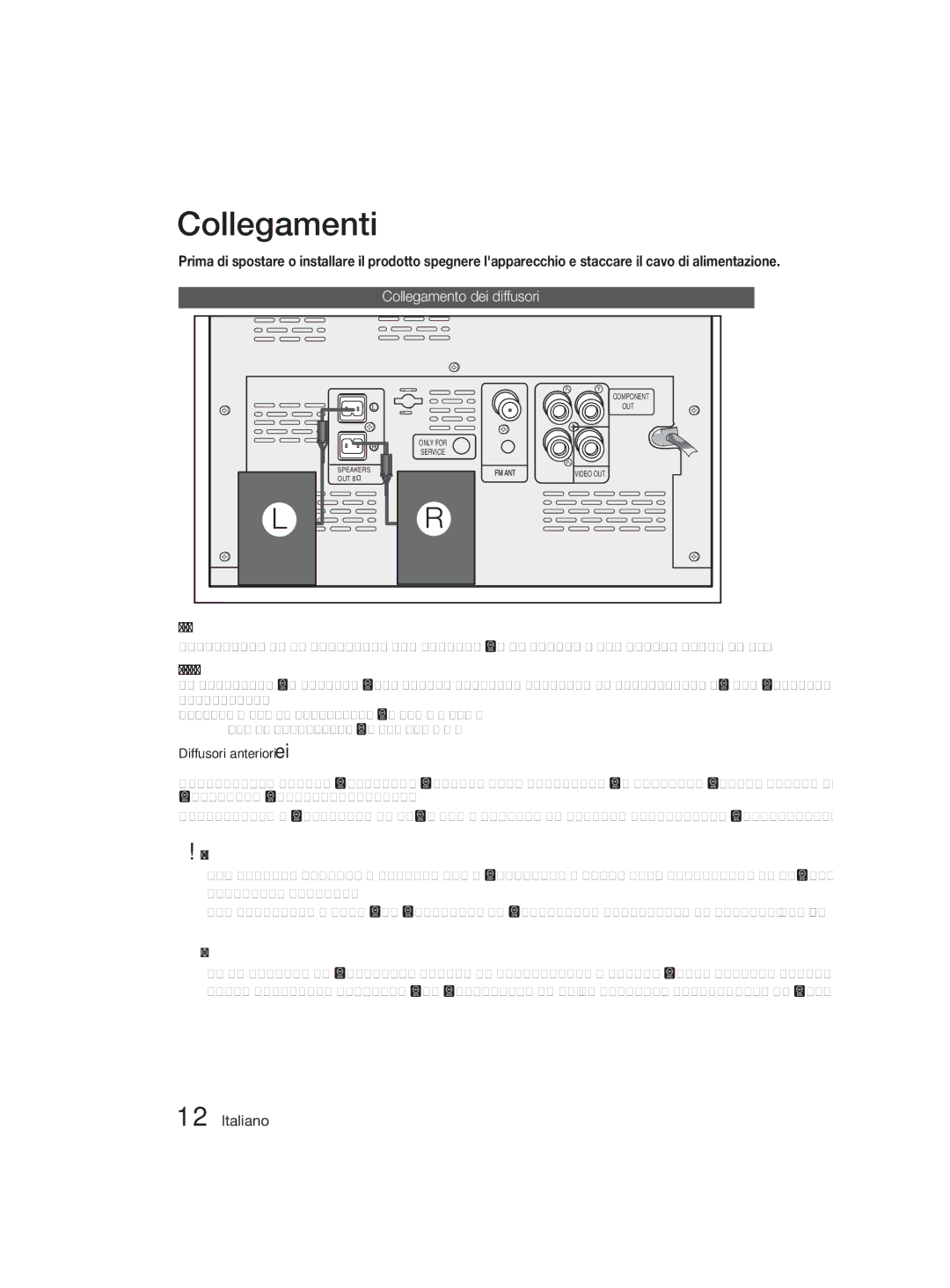 Samsung MM-D330D/ZF manual Collegamenti, Collegamento dei diffusori, Posizione del prodotto, Attenzionen 