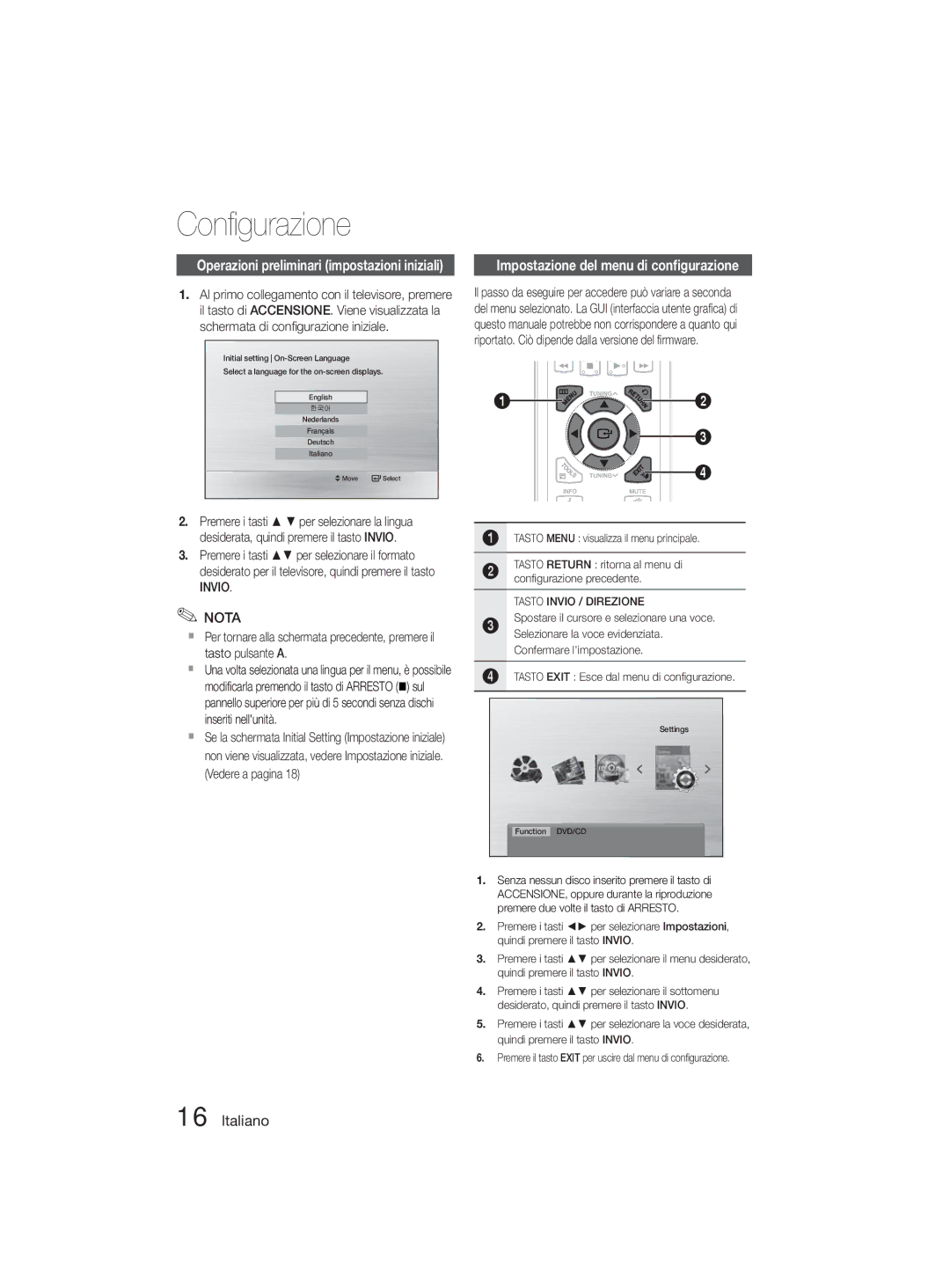 Samsung MM-D330D/ZF manual Conﬁ gurazione, Impostazione del menu di conﬁgurazione, Invio 