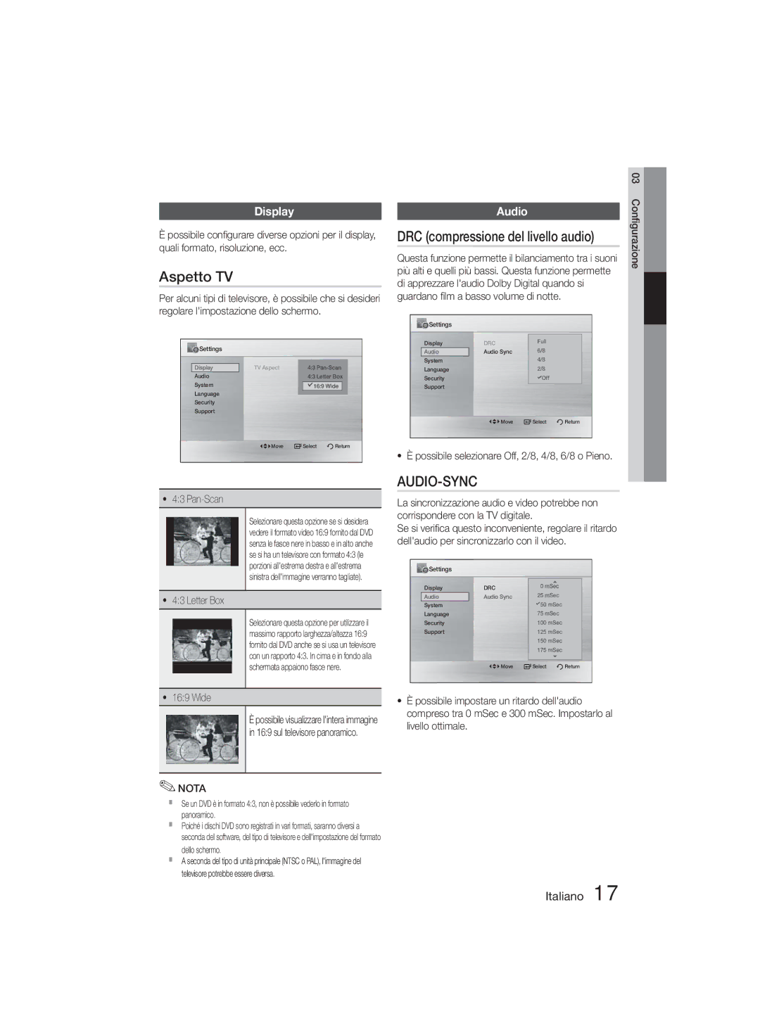 Samsung MM-D330D/ZF manual Aspetto TV, DRC compressione del livello audio, Display, Audio 