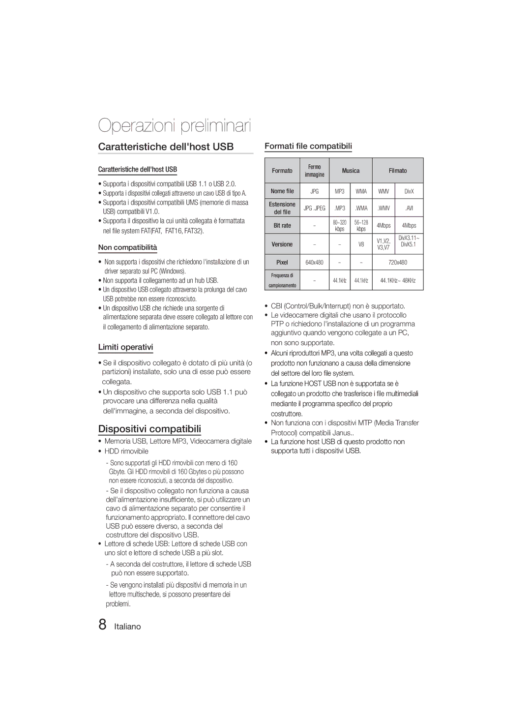 Samsung MM-D330D/ZF manual Caratteristiche dellhost USB, Dispositivi compatibili, Limiti operativi 