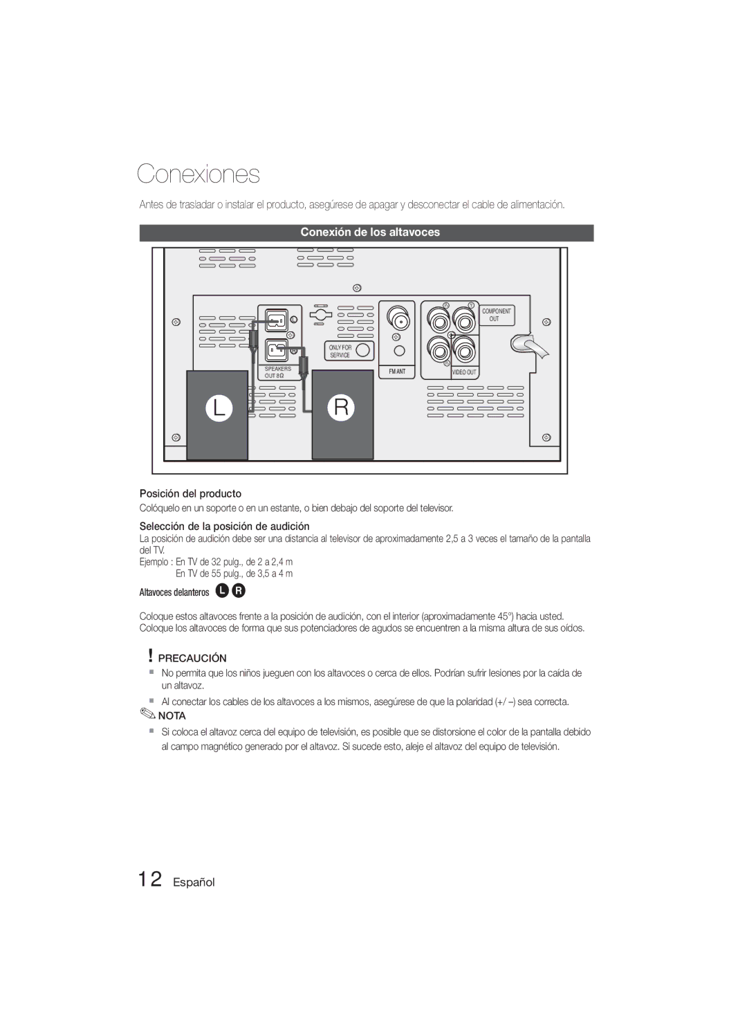 Samsung MM-D330D/ZF Conexiones, Conexión de los altavoces, Posición del producto, Selección de la posición de audición 