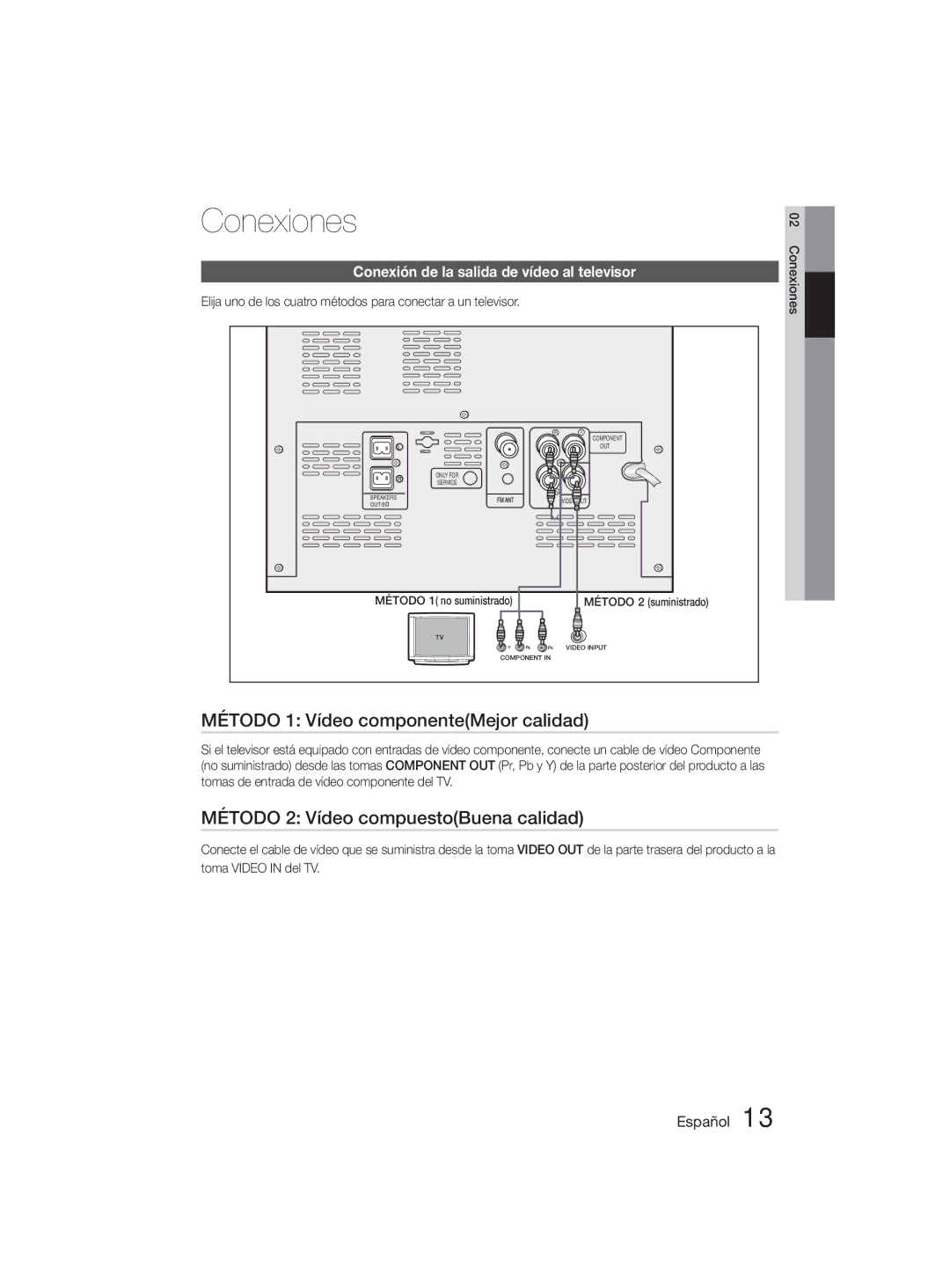 Samsung MM-D330D/ZF manual Método 1 Vídeo componenteMejor calidad, Método 2 Vídeo compuestoBuena calidad, Conexiones 