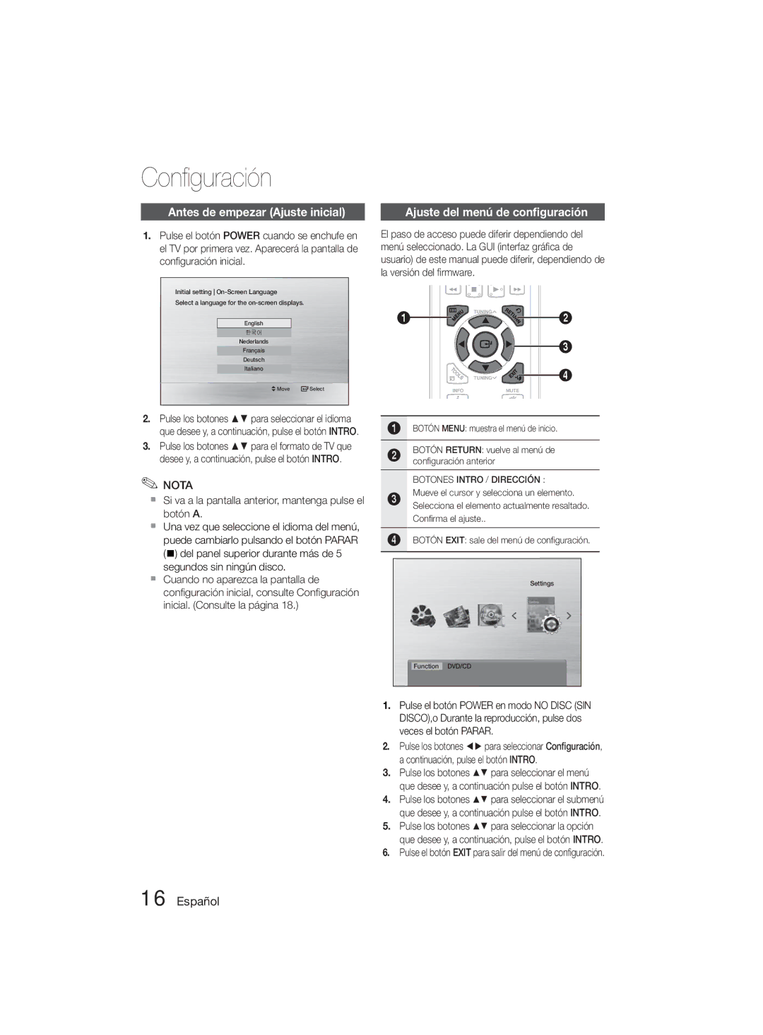 Samsung MM-D330D/ZF manual Conﬁ guración, Antes de empezar Ajuste inicial, Ajuste del menú de conﬁguración 