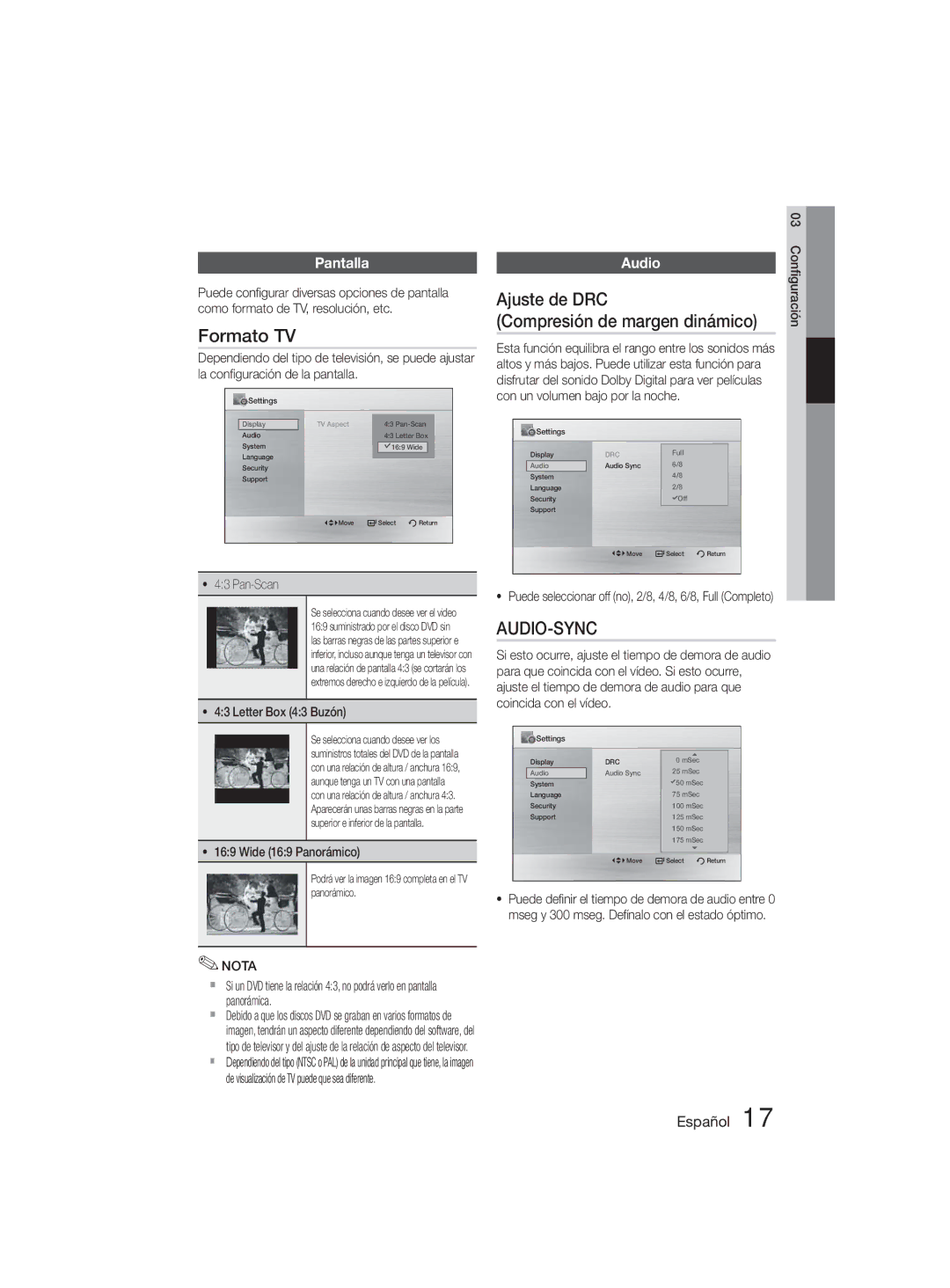 Samsung MM-D330D/ZF manual Formato TV, Ajuste de DRC Compresión de margen dinámico, Pantalla, Audio 