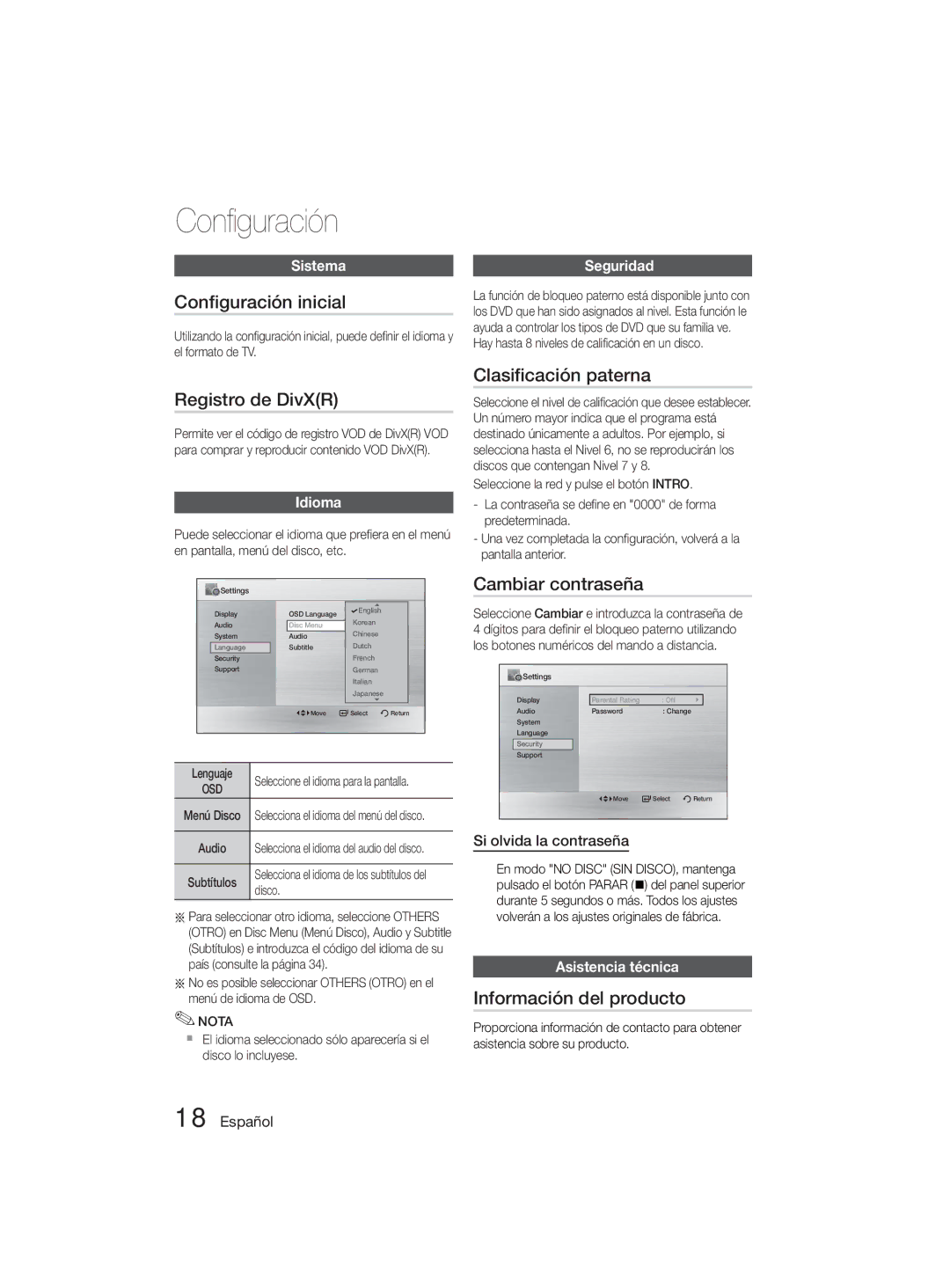 Samsung MM-D330D/ZF manual Conﬁguración inicial, Registro de DivXR, Clasiﬁcación paterna, Cambiar contraseña 