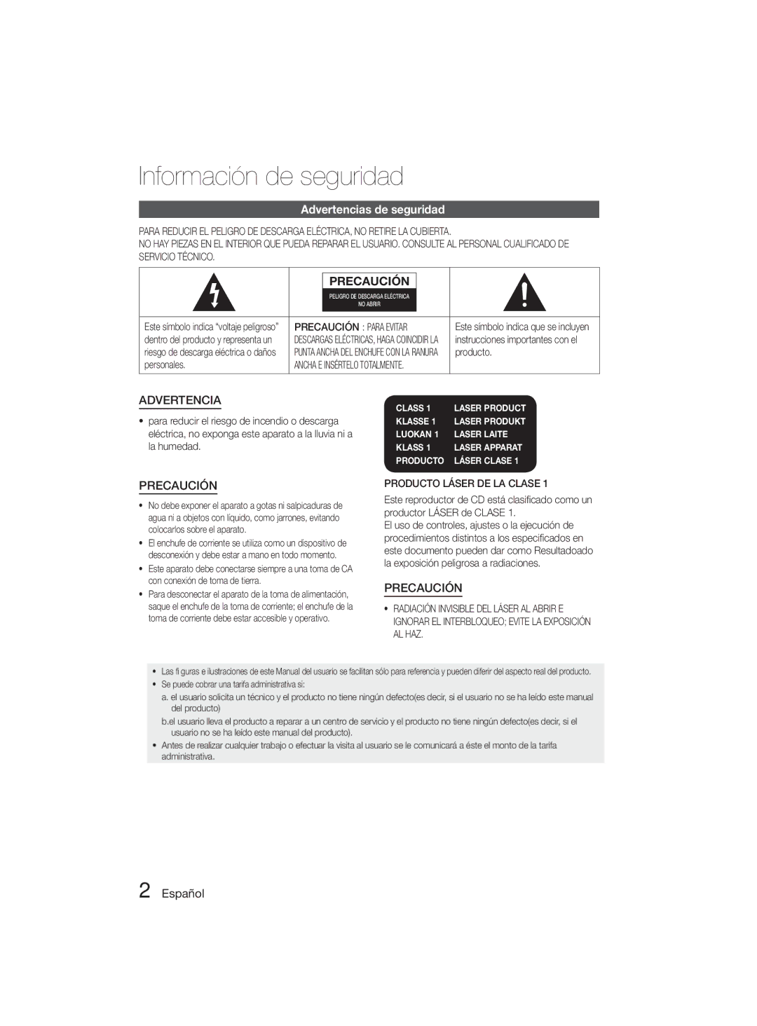 Samsung MM-D330D/ZF manual Información de seguridad, Advertencias de seguridad, Español, Producto, Personales 