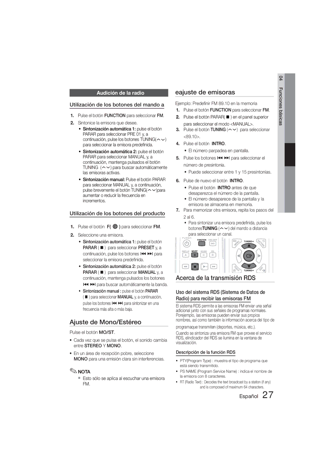 Samsung MM-D330D/ZF manual Ajuste de Mono/Estéreo, Eajuste de emisoras, Acerca de la transmisión RDS, Audición de la radio 