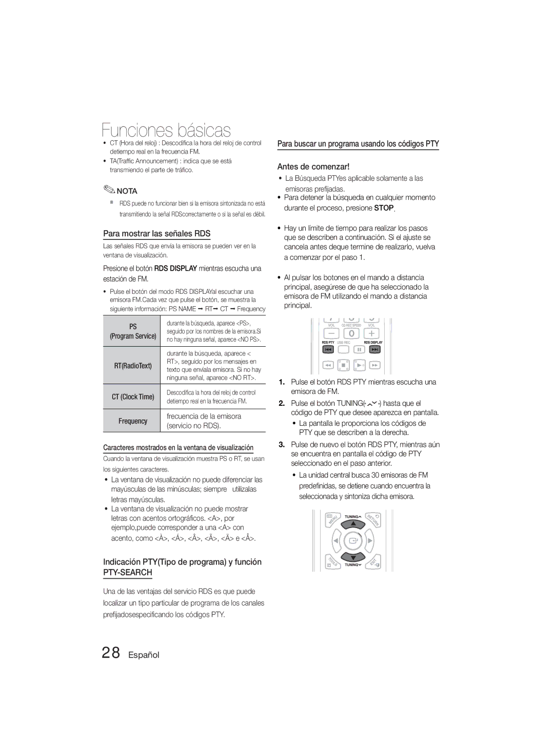 Samsung MM-D330D/ZF manual Para mostrar las señales RDS, Indicación PTYTipo de programa y función, Frecuencia de la emisora 