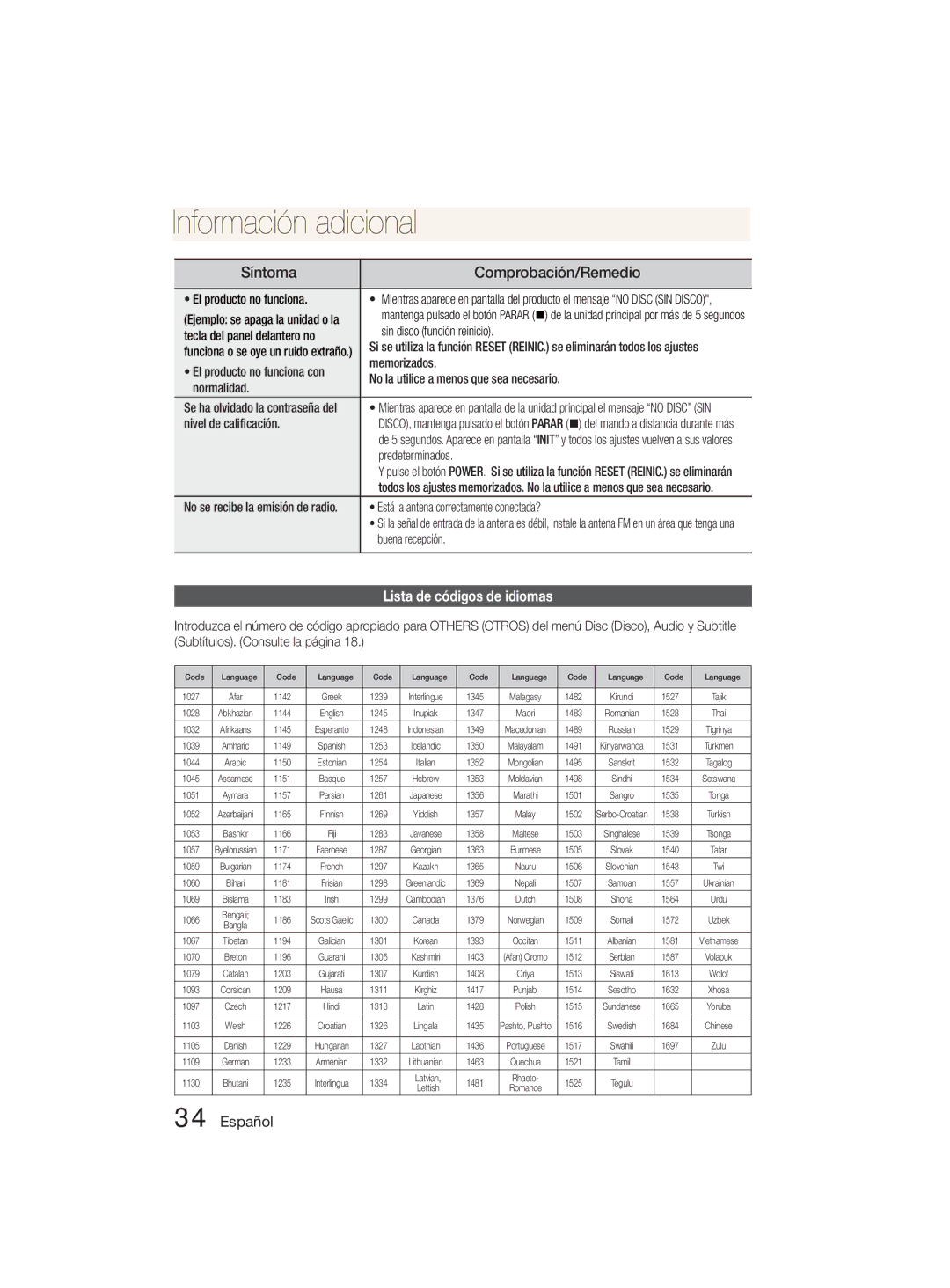 Samsung MM-D330D/ZF manual IIOthernffo macónInformationdconai i ll, Lista de códigos de idiomas 