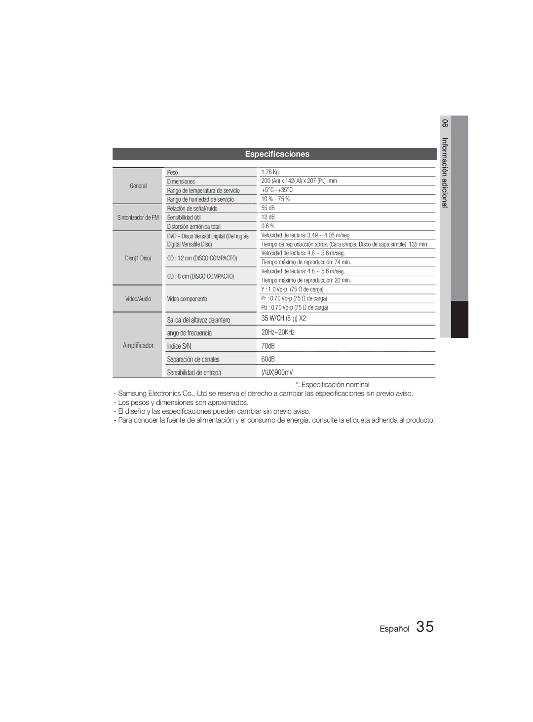 Samsung MM-D330D/ZF manual Especiﬁcaciones, Información, Amplificador 