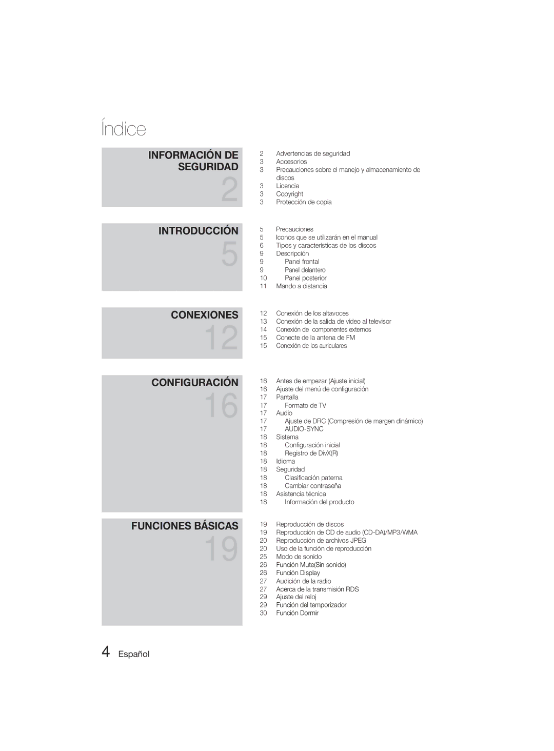 Samsung MM-D330D/ZF manual Índice, Audición de la radio, Ajuste del reloj 