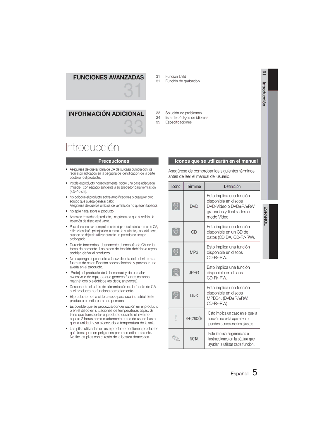 Samsung MM-D330D/ZF Introducción, Precauciones, Iconos que se utilizarán en el manual 