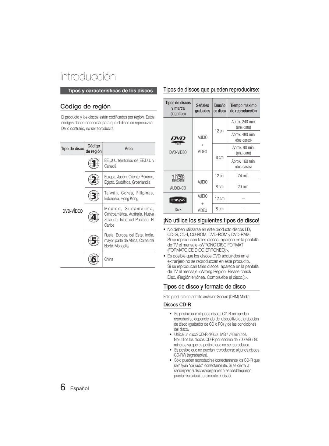 Samsung MM-D330D/ZF Código de región, Tipos de discos que pueden reproducirse, ¡No utilice los siguientes tipos de disco 