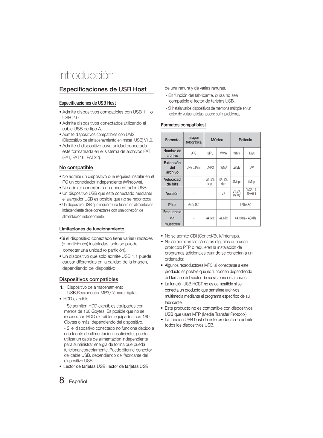 Samsung MM-D330D/ZF manual Especiﬁcaciones de USB Host, No compatible, Dispositivos compatibles 