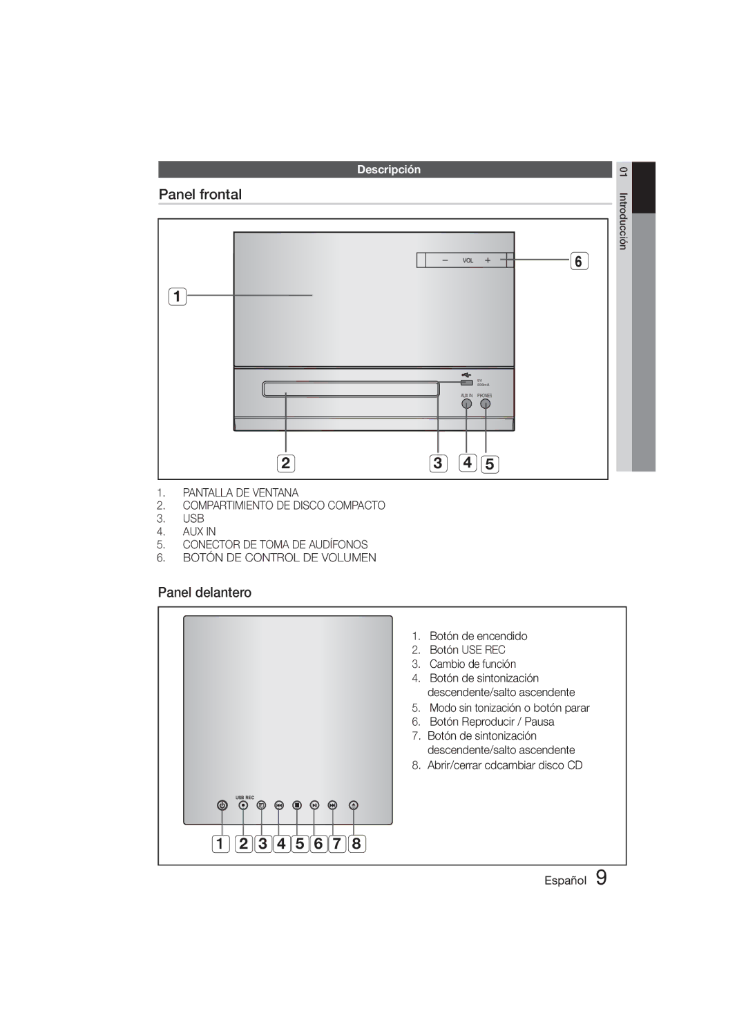 Samsung MM-D330D/ZF manual Panel frontal, Panel delantero, Descripción, Usb, Botón USE REC 