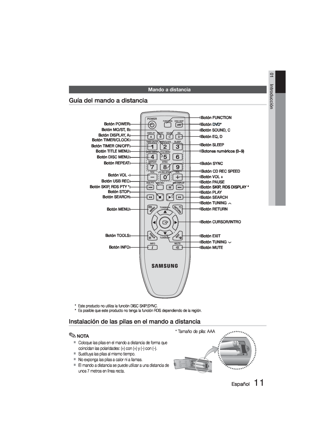 Samsung MM-D330D/ZF manual Guía del mando a distancia, Instalación de las pilas en el mando a distancia, Mando a distancia 
