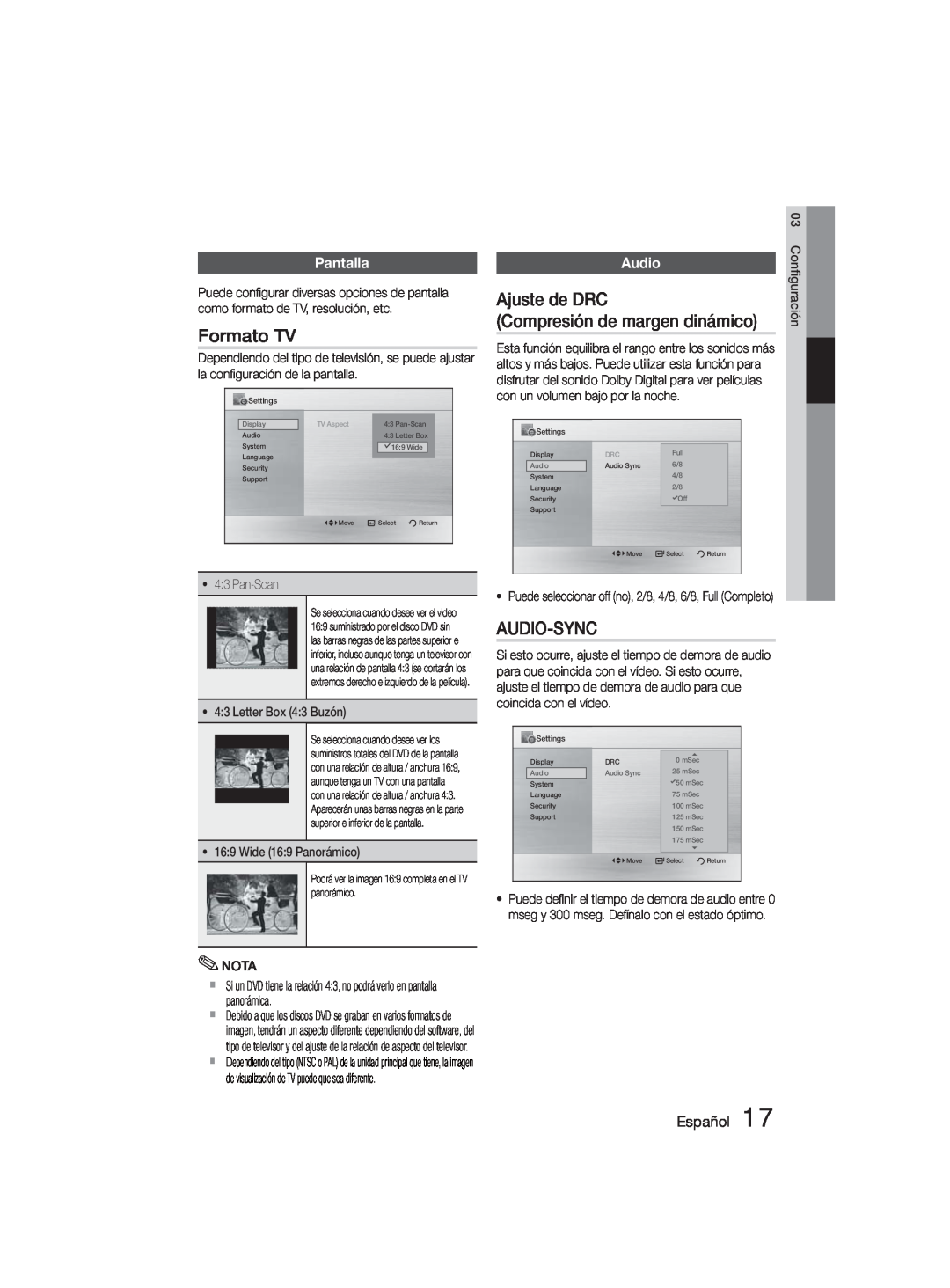 Samsung MM-D330D/ZF manual Formato TV, Ajuste de DRC Compresión de margen dinámico, Audio-Sync, Pantalla, Español 