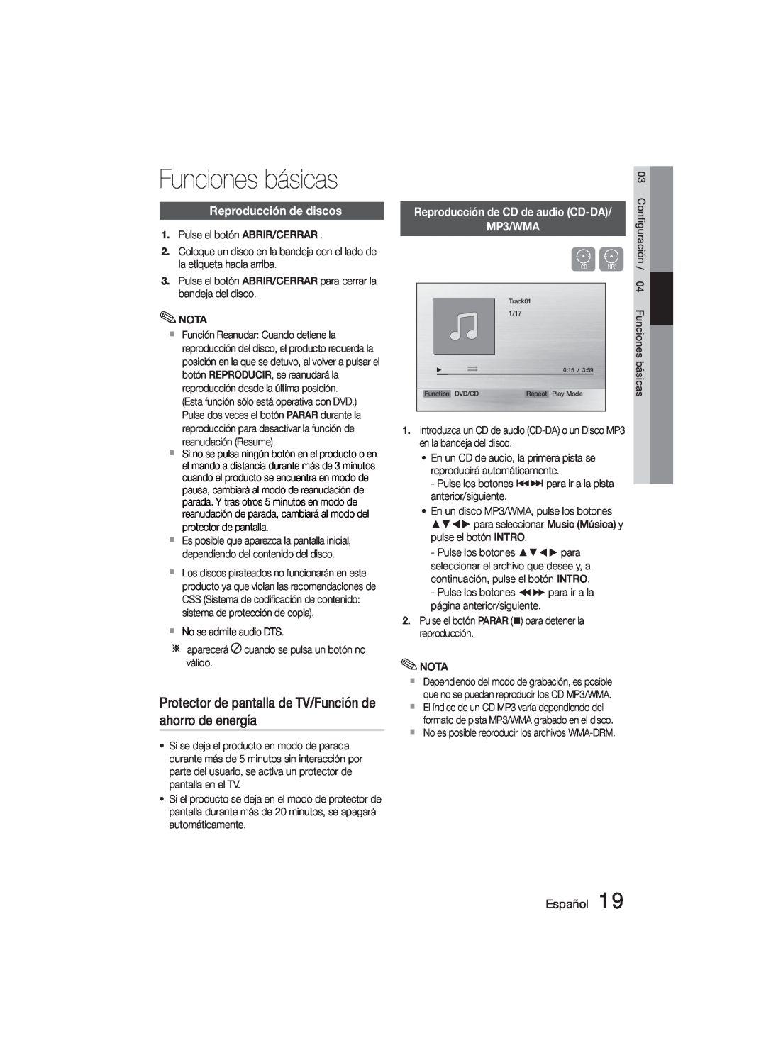 Samsung MM-D330D/ZF Funciones básicas, Protector de pantalla de TV/Función de ahorro de energía, Reproducción de discos 