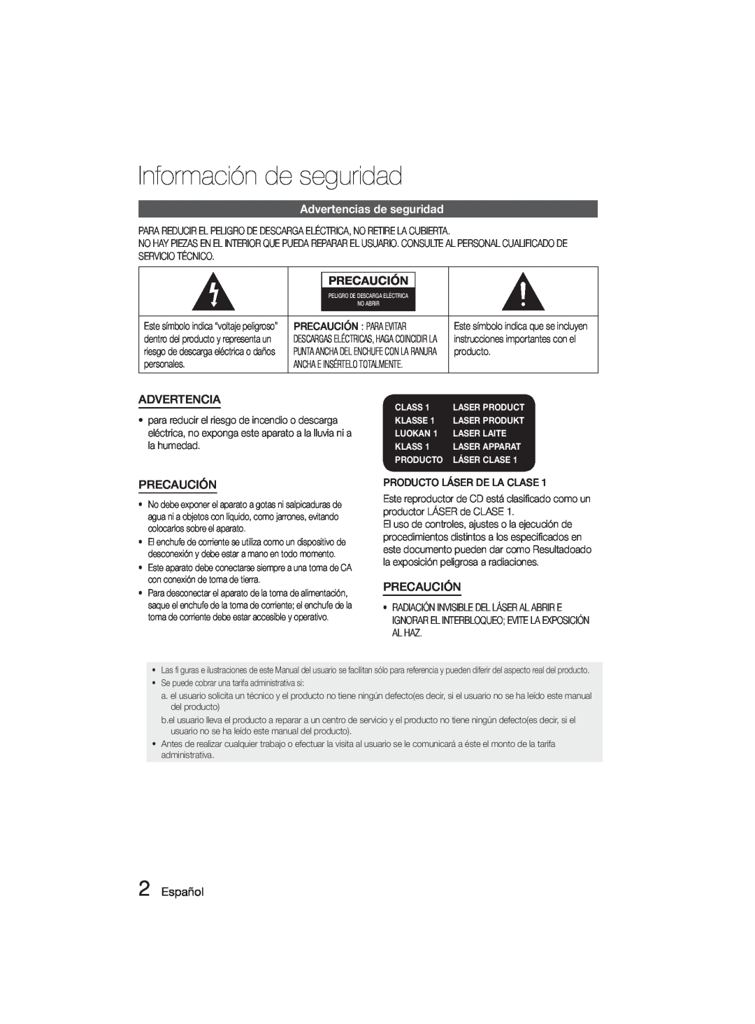 Samsung MM-D330D/ZF manual Información de seguridad, Advertencias de seguridad, Precaución, Español, Class, Klasse, Luokan 