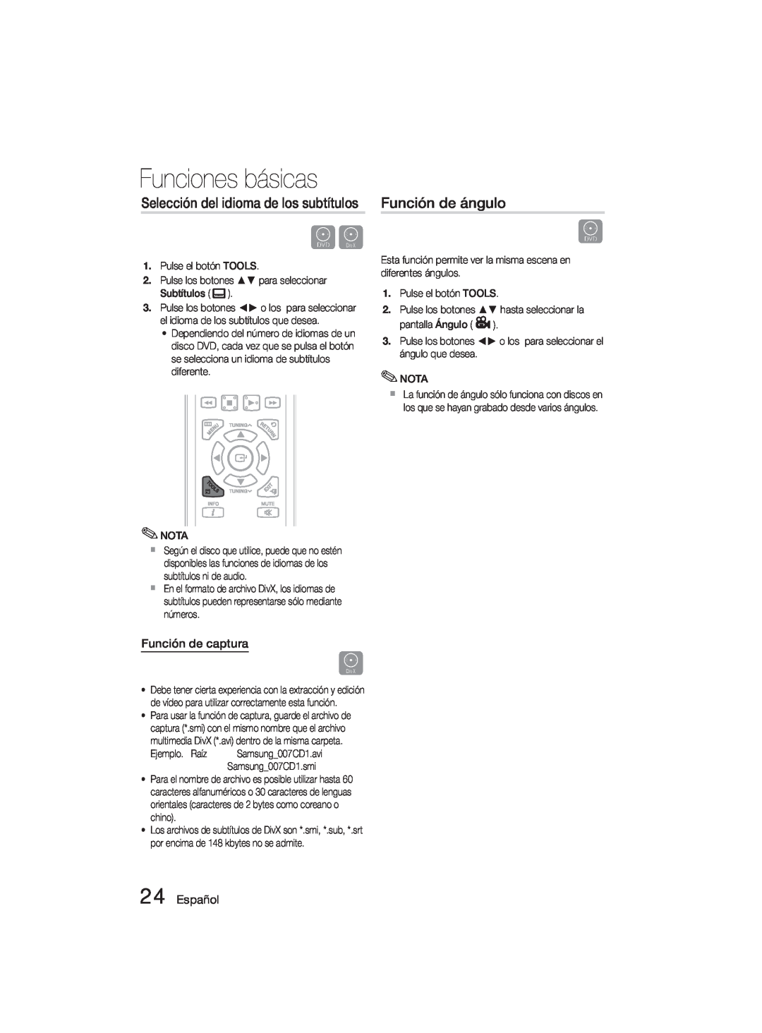 Samsung MM-D330D/ZF manual Función de ángulo, Selección del idioma de los subtítulos, Función de captura, Español 