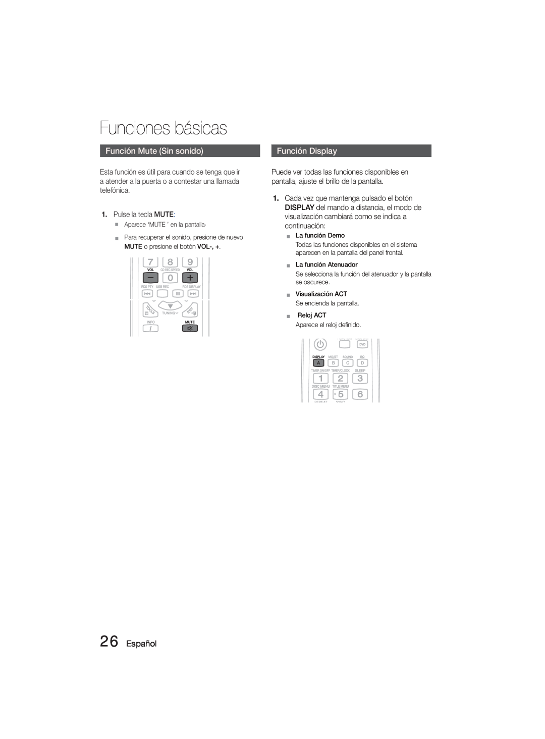 Samsung MM-D330D/ZF manual Connecting, Español, Funciones básicas, Función Mute Sin sonido, Función Display 