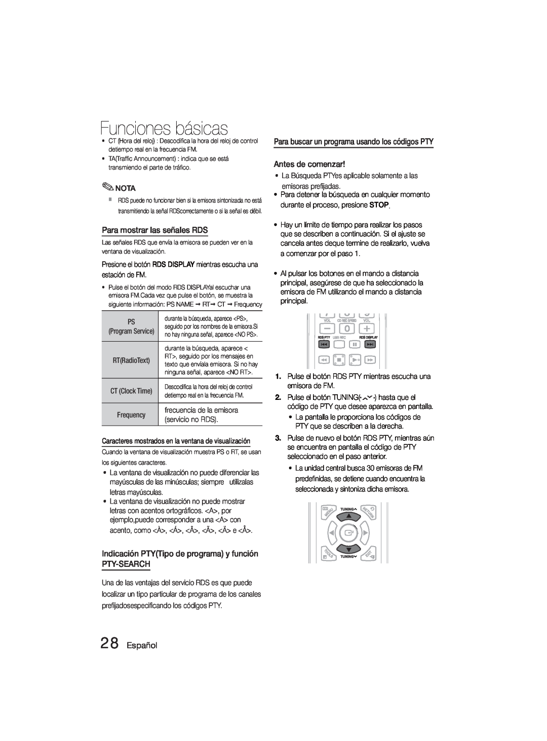 Samsung MM-D330D/ZF manual Para mostrar las señales RDS, Pty-Search, Español, Funciones básicas 
