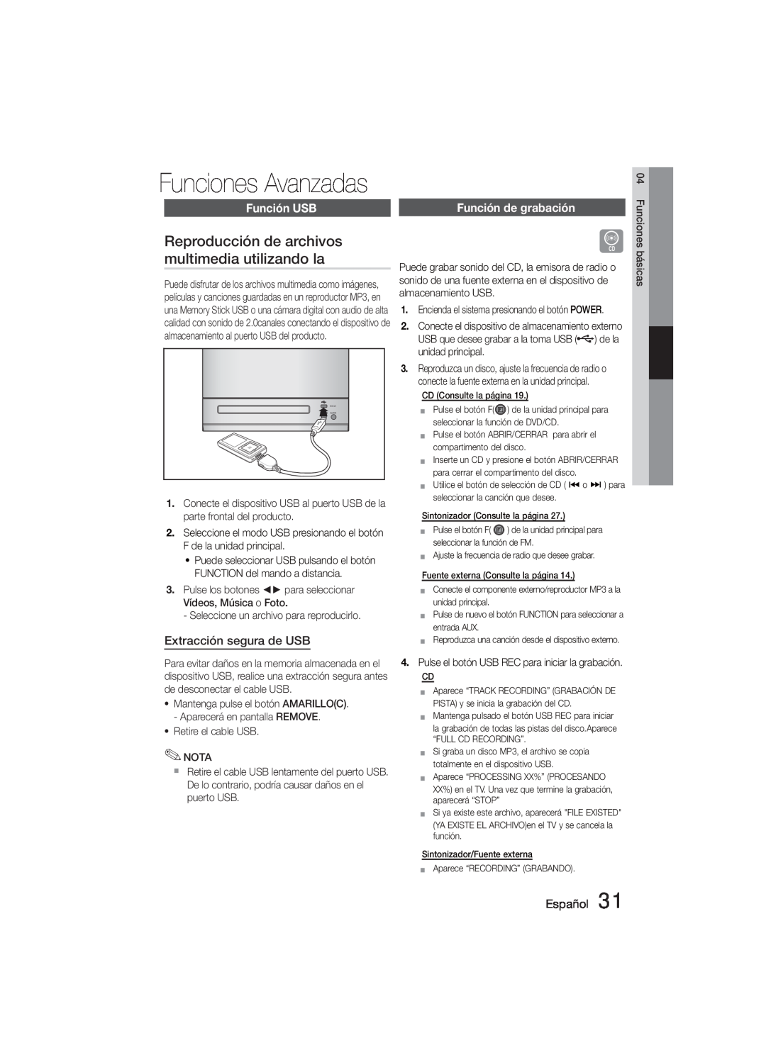 Samsung MM-D330D/ZF manual Funciones Avanzadas, Reproducción de archivos multimedia utilizando la, Función USB, Español 