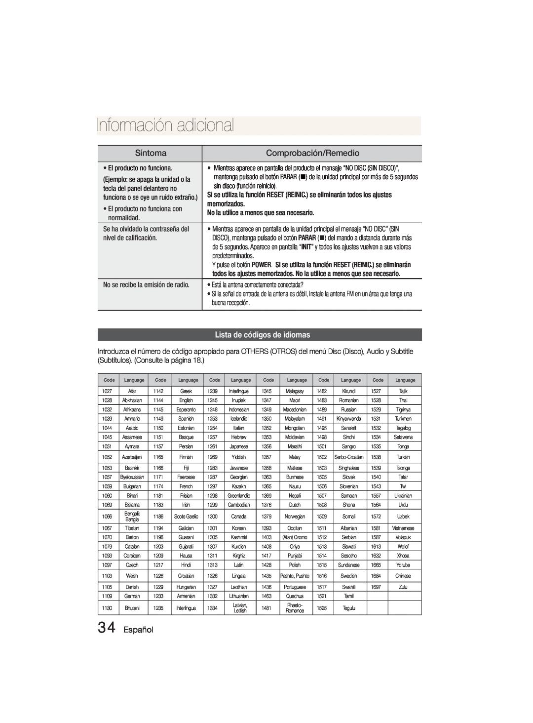 Samsung MM-D330D/ZF manual IIOthernffo macónInformationdconai i ll, Lista de códigos de idiomas, Español, Síntoma 