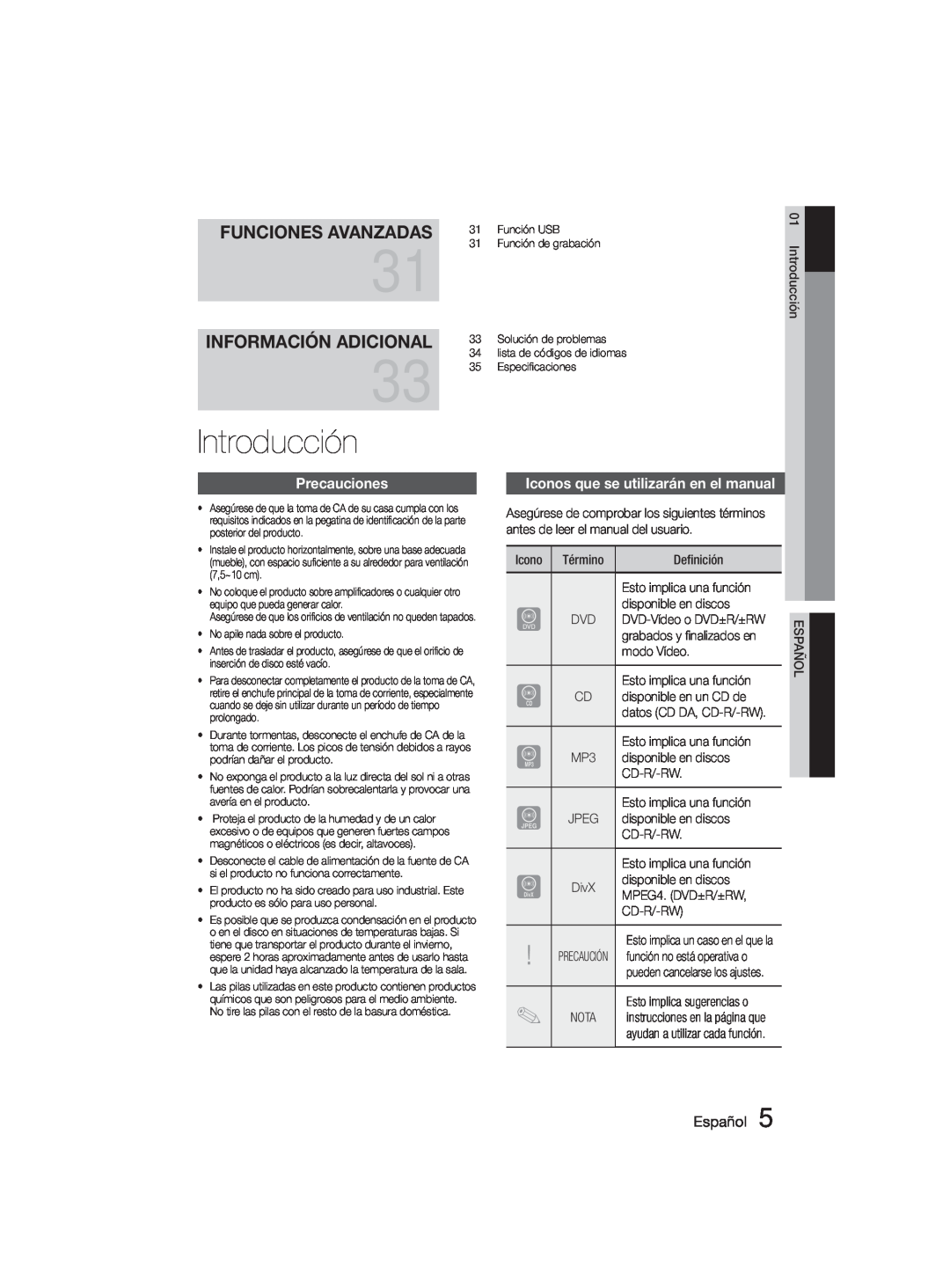Samsung MM-D330D/ZF Introducción, Precauciones, Iconos que se utilizarán en el manual, Funciones Avanzadas, Español 