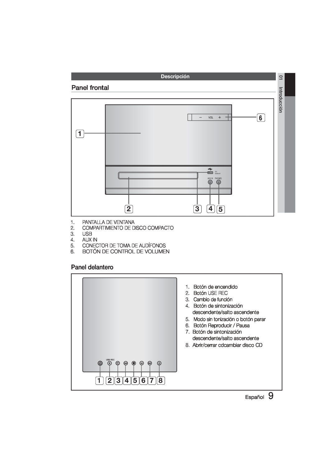 Samsung MM-D330D/ZF Panel frontal, Panel delantero, Descripción, AUX IN 5. CONECTOR DE TOMA DE AUDÍFONOS, Botón USE REC 