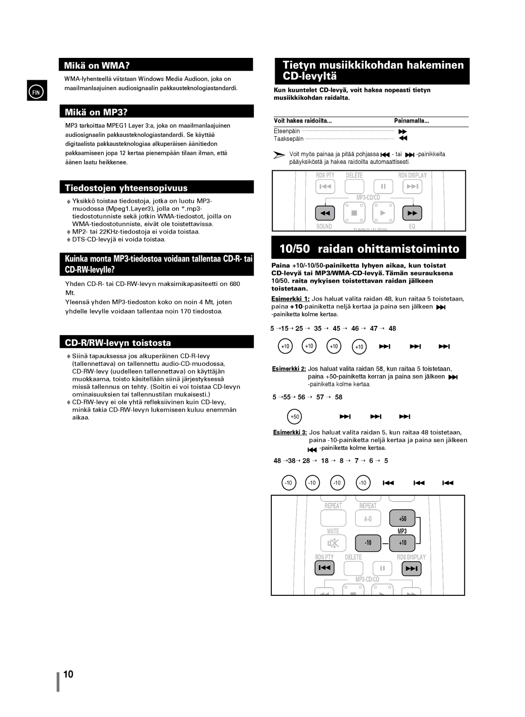 Samsung MM-D330/XE manual 10/50 raidan ohittamistoiminto, Tietyn musiikkikohdan hakeminen CD-levyltä, Eteenpäin Taaksepäin 