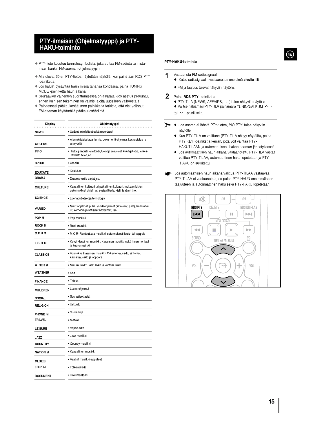 Samsung MM-D320/XE, MM-D330/XE manual PTY-ilmaisin Ohjelmatyyppi ja PTY- HAKU-toiminto, PTY-HAKU-toiminto 