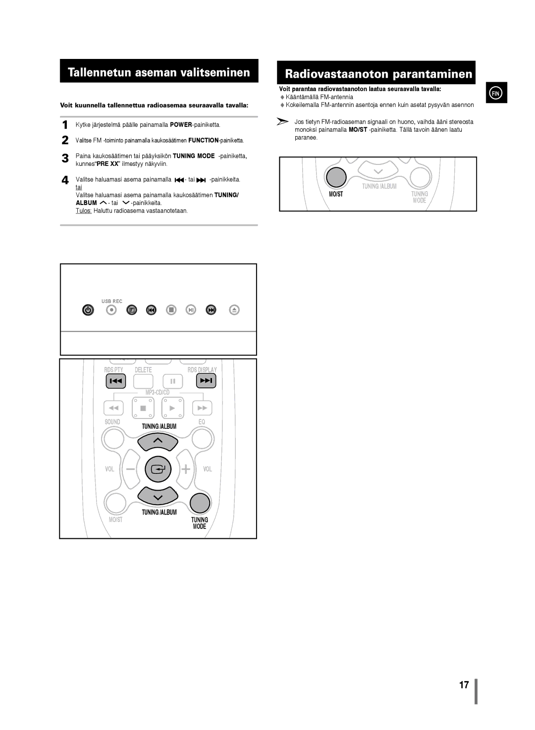 Samsung MM-D320/XE, MM-D330/XE manual Tallennetun aseman valitseminen, Radiovastaanoton parantaminen, Album tai 