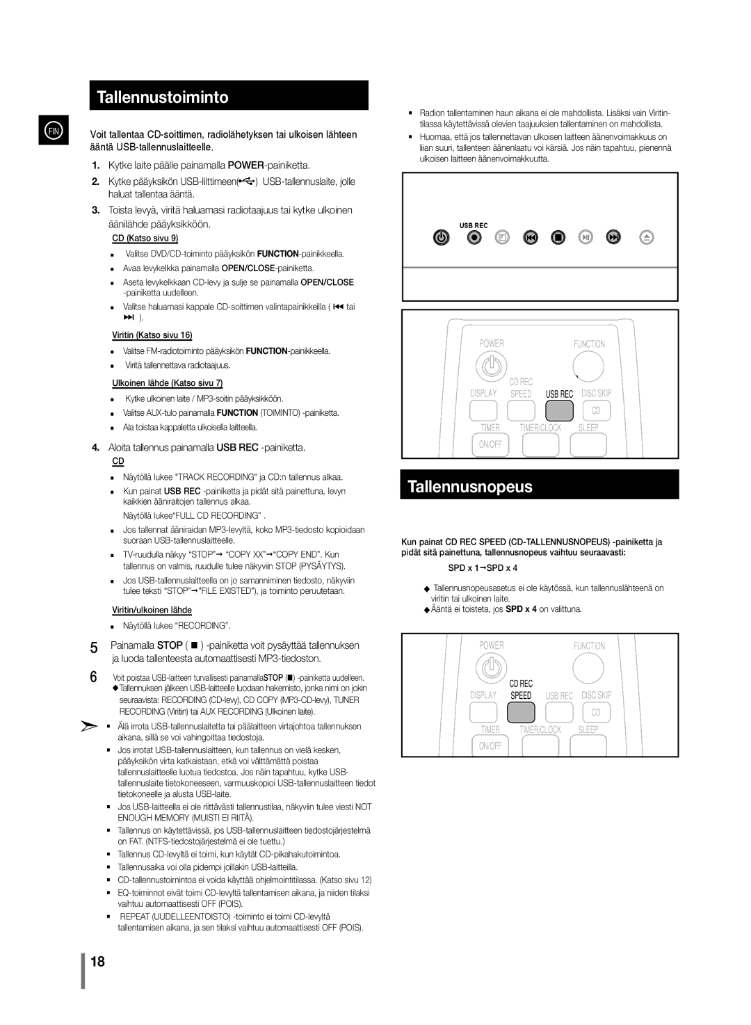 Samsung MM-D330/XE, MM-D320/XE manual Tallennustoiminto, Tallennusnopeus A-B 