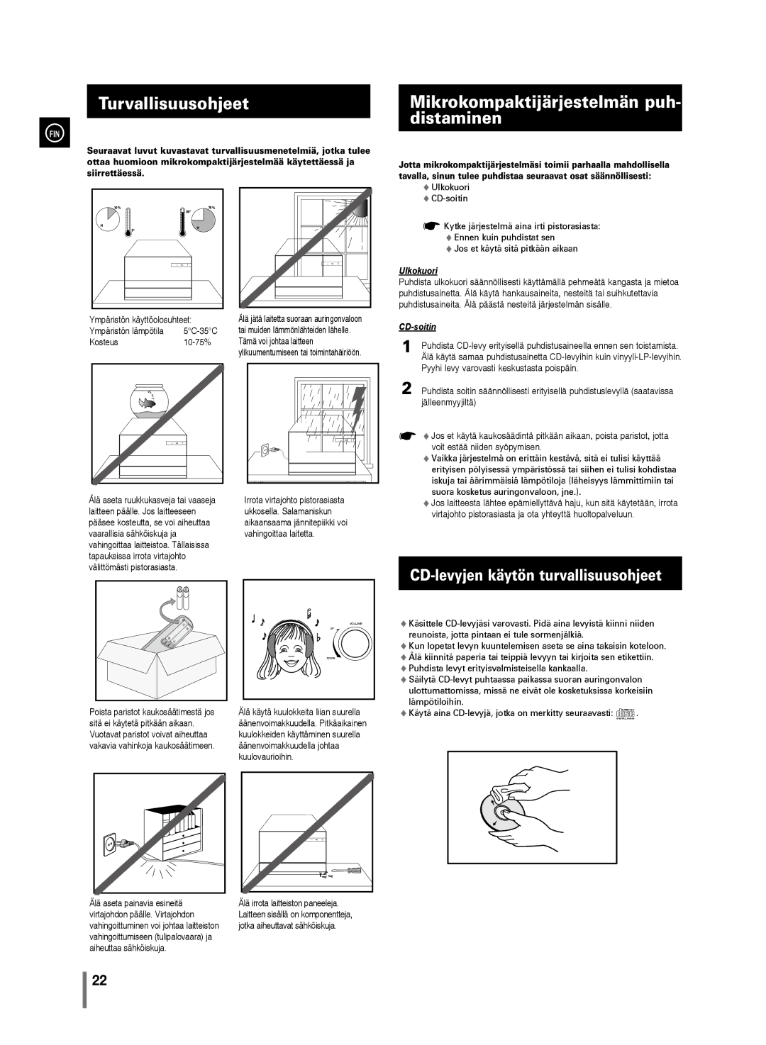 Samsung MM-D330/XE Turvallisuusohjeet, Mikrokompaktijärjestelmän puh- distaminen, CD-levyjen käytön turvallisuusohjeet 