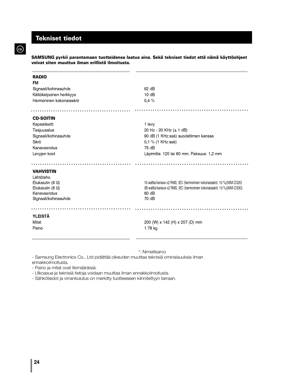 Samsung MM-D330/XE, MM-D320/XE manual Tekniset tiedot, Cd-Soitin 